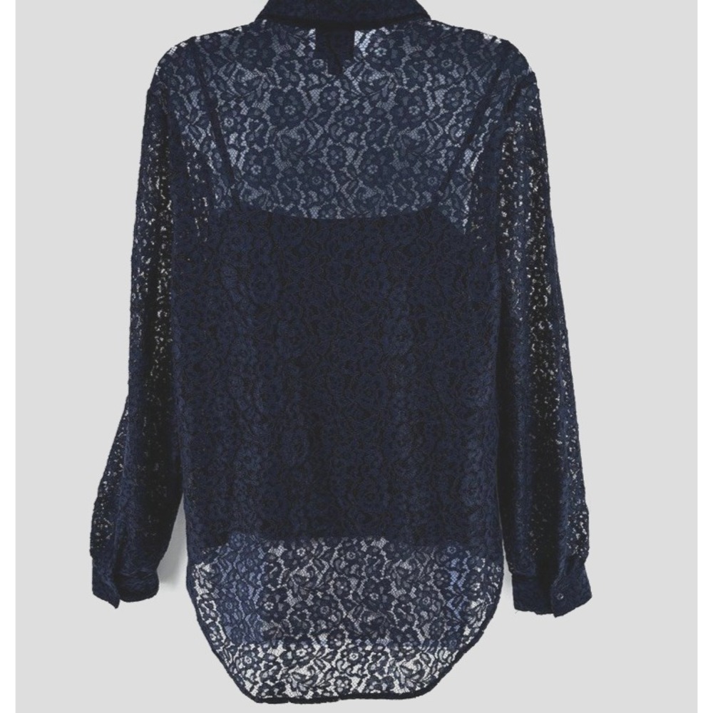 JM Collection Navy Lace Button Front Blouse Womens Sz M Lined Romantic Layering - Picture 3 of 6